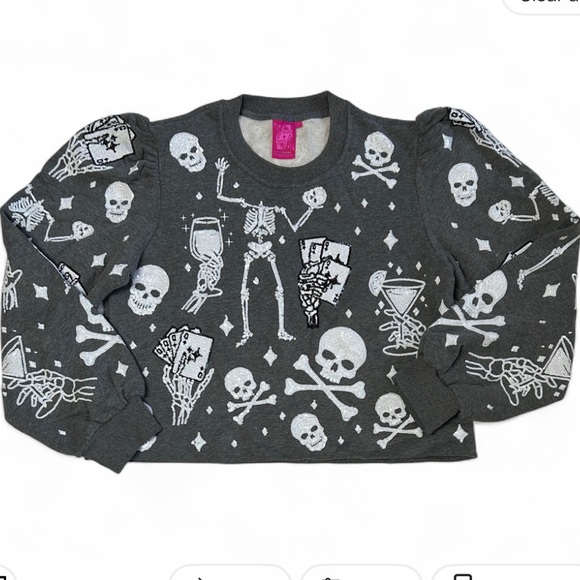 Queen of Sparkles Long Sleeve Crop Top Sweatshirt in Grey with Sequin Details - Picture 1 of 15